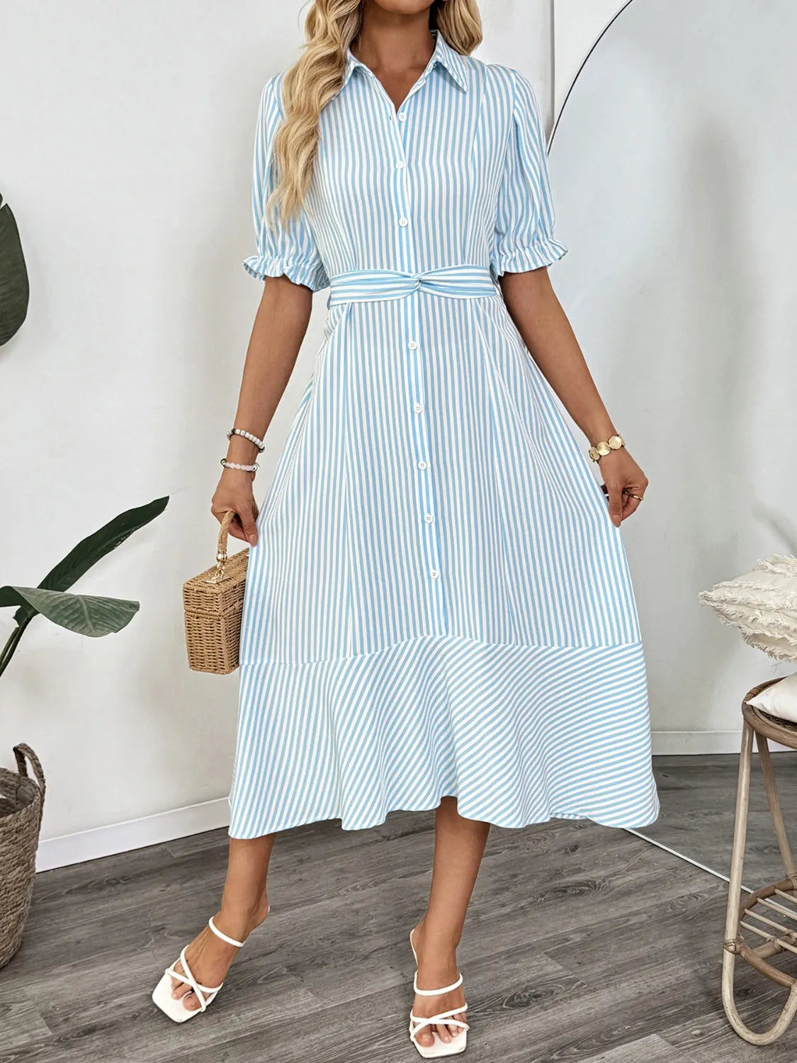 Striped Button-Down Midi Shirt Dress with Ruffle Sleeves - Blushé Belle