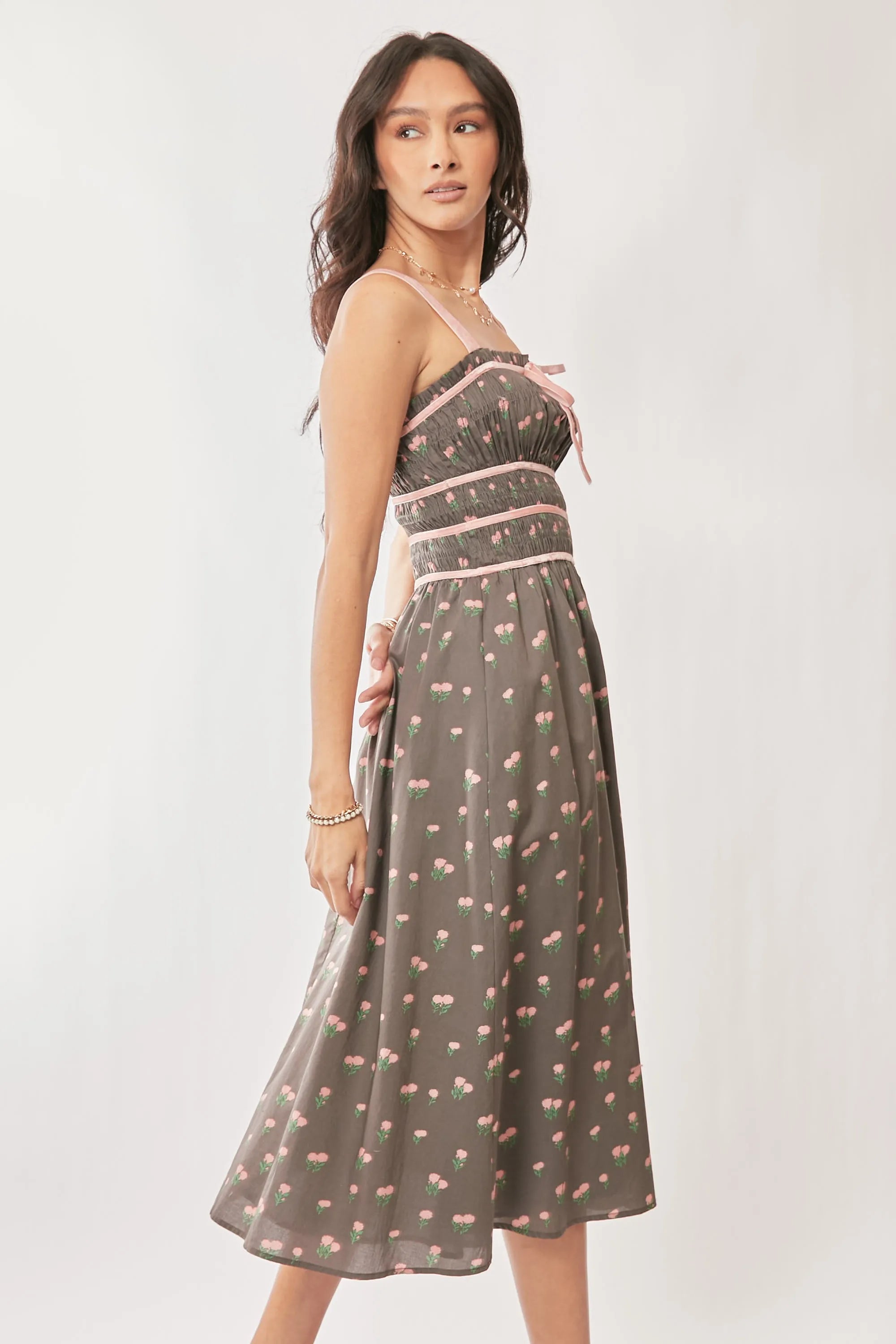 Davi & Dani Contrast Velvet Tape Smocking Bodice Midi Dress - Blushé Belle