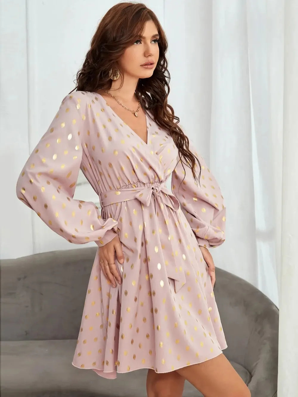 Tied Printed Surplice Long Sleeve Dress - Blushé Belle