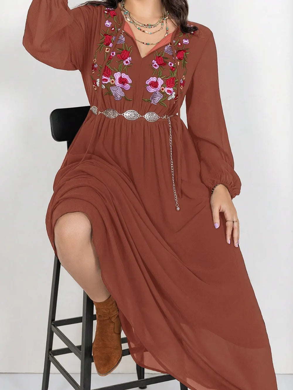 Plus Size Embroidered Tie Neck Long Sleeve Dress - Blushé Belle