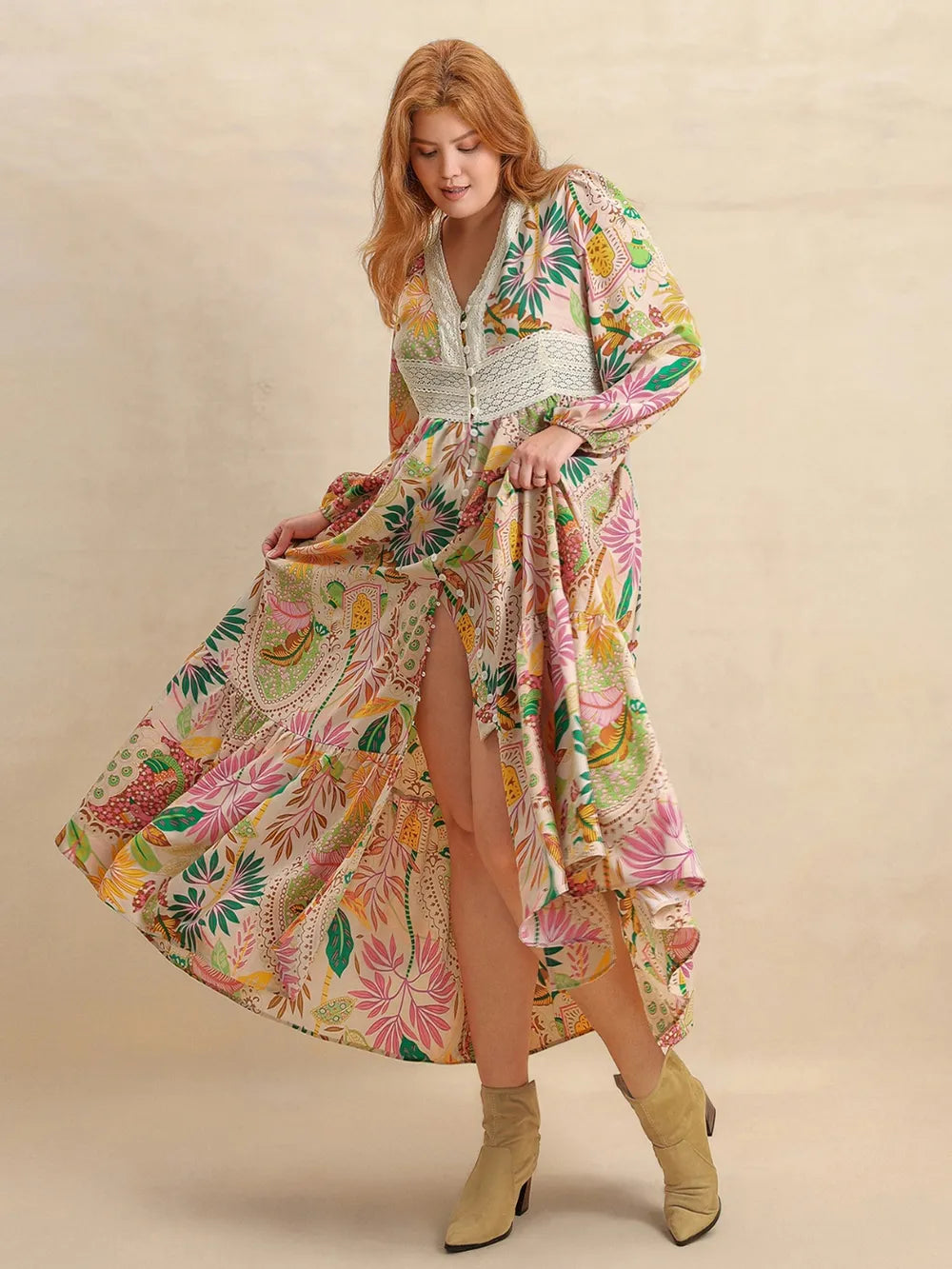 Plus Size Lace Detail Printed V-Neck Balloon Sleeve Dress - Blushé Belle