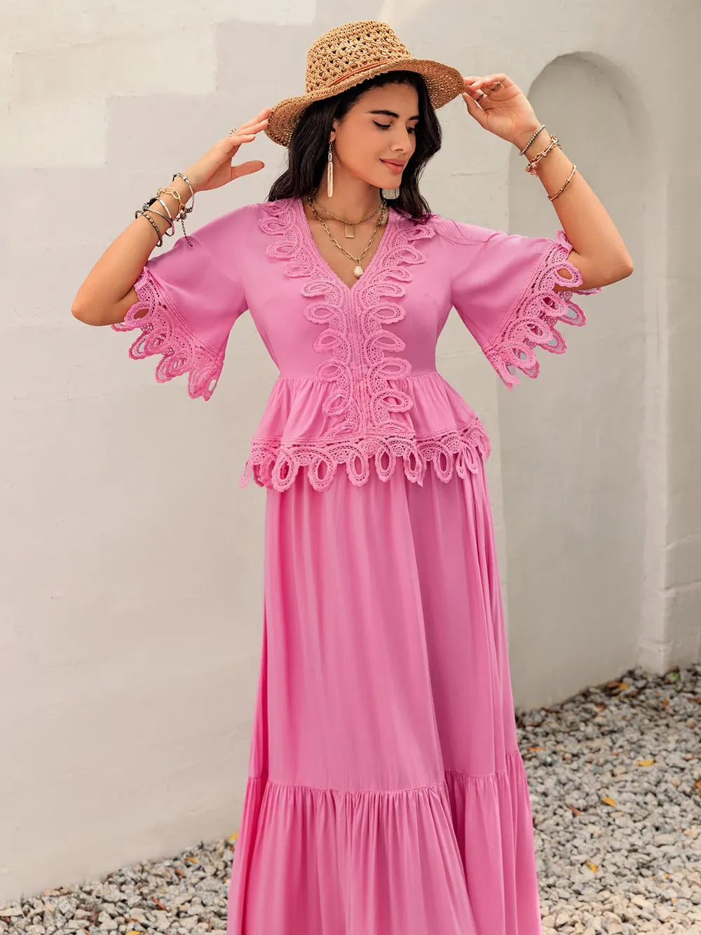 Lace Detail V-Neck Half Sleeve Midi Dress - Blushé Belle