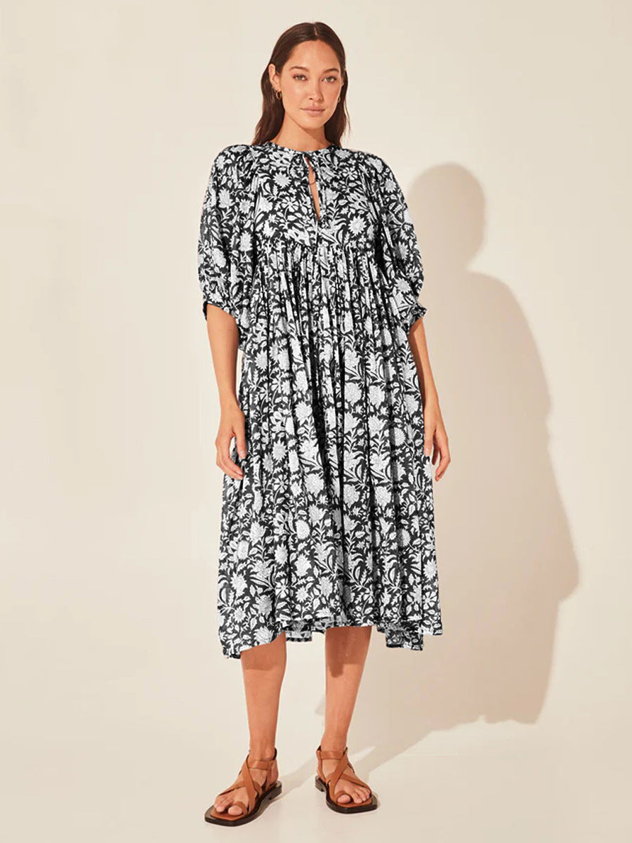 Floral Tie Neck Lantern Sleeve Dress - Blushé Belle