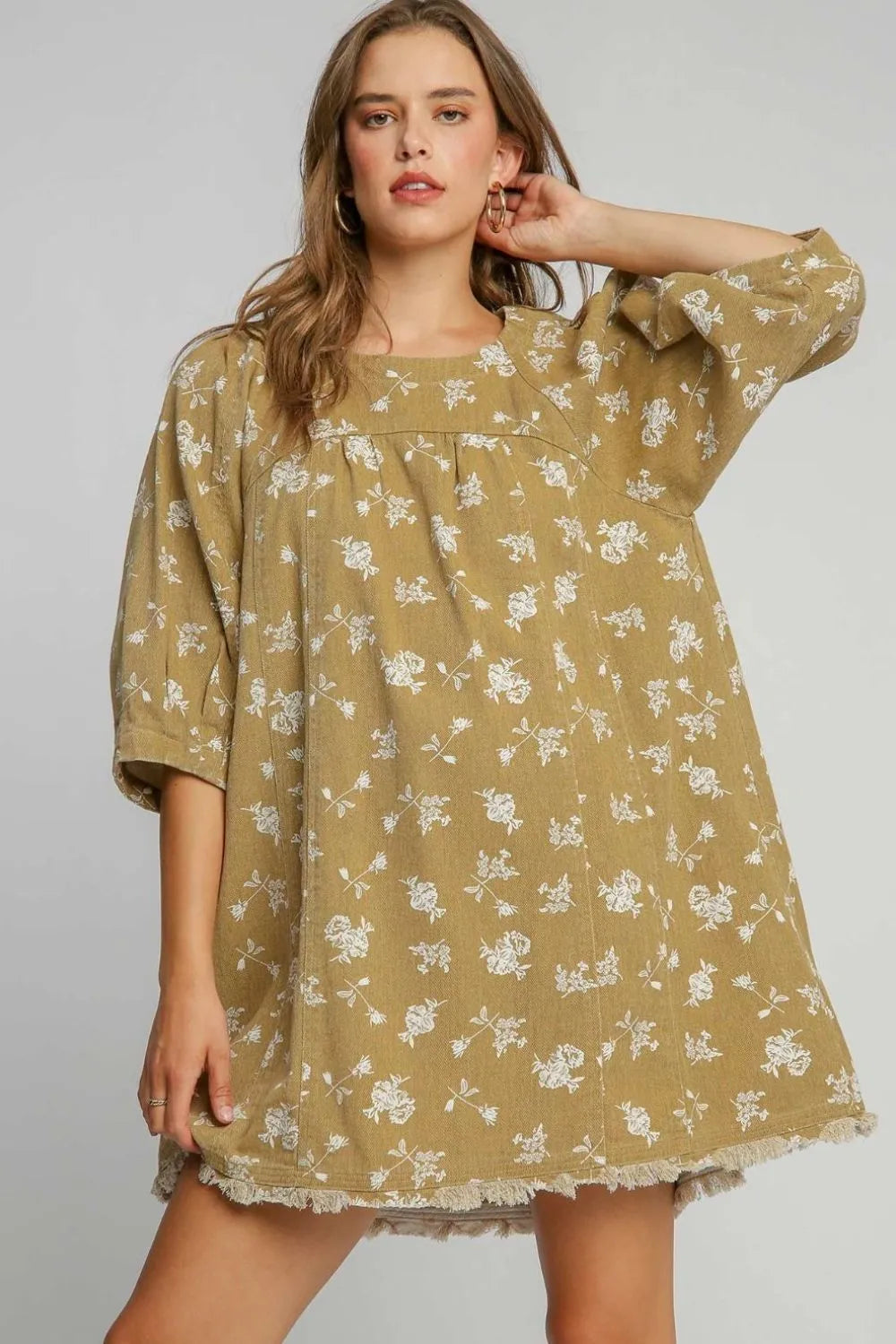 Umgee Raw Hem Floral Print Round Neck Denim Dress - Blushé Belle