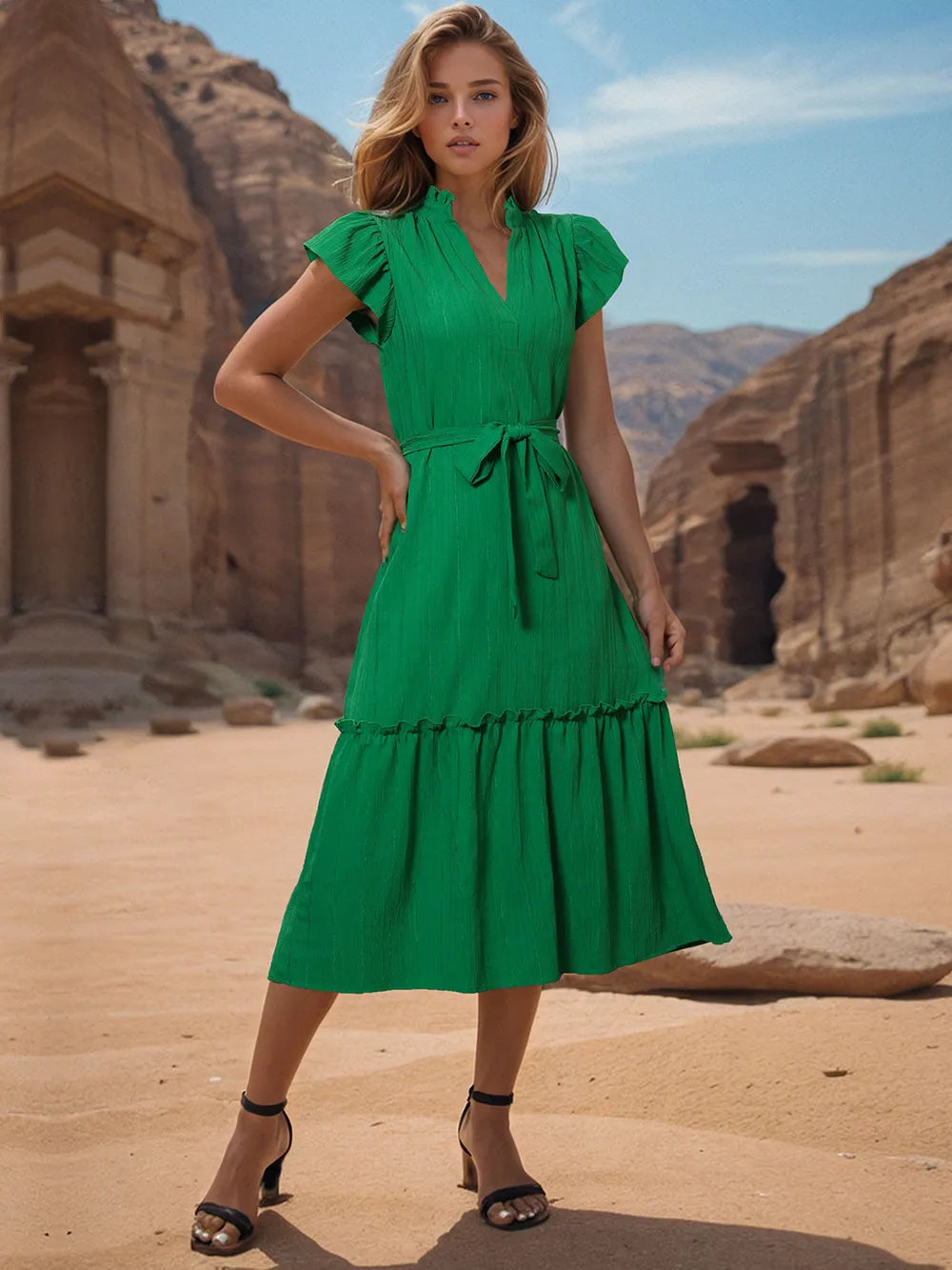 Perfee Tied Notched Cap Sleeve Dress - Blushé Belle