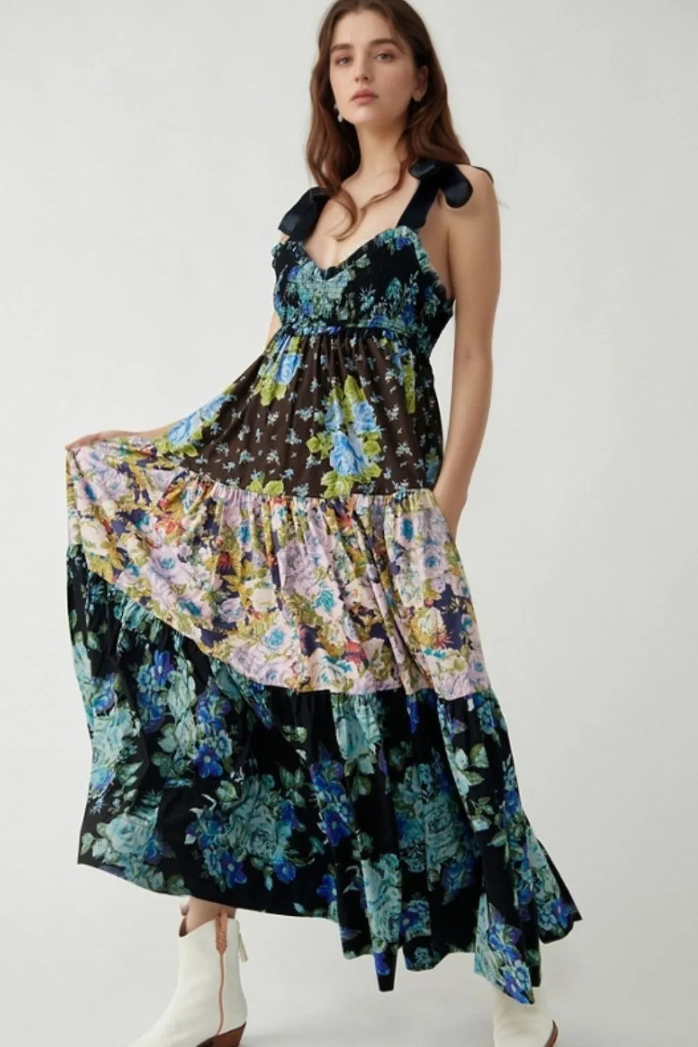 Floral Tiered Maxi Dress with Mixed Print Design - Blushé Belle