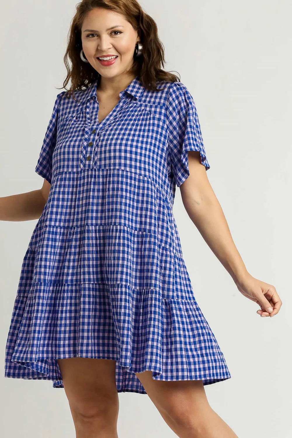 Umgee Full Size Gingham Tiered Button Detail Short Sleeve Dress Plus Size - Blushé Belle