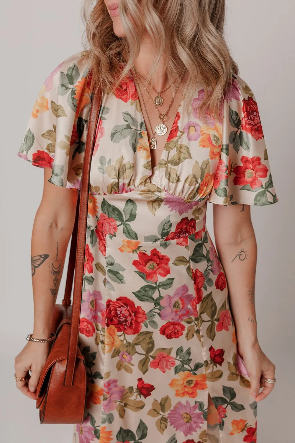 Floral Short Sleeve Tie Back Slit Dress - Blushé Belle