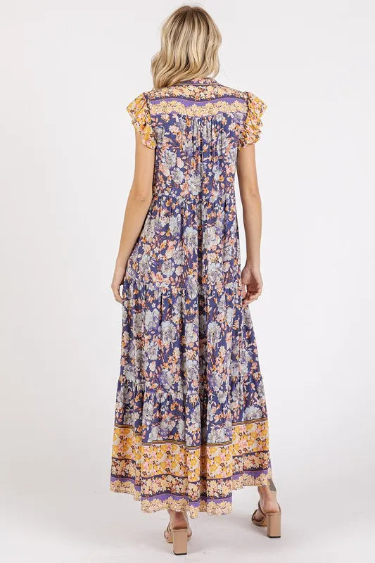 Mittoshop Floral Ruffled Notched Cap Sleeve Maxi Dress - Blushé Belle