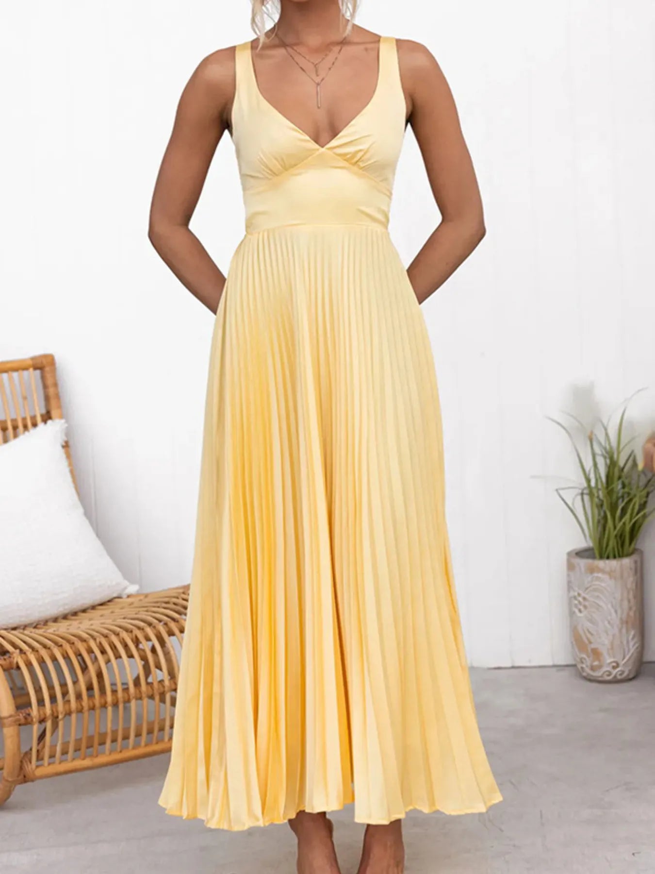 Pleated V-Neck Sleeveless Maxi Dress - Blushé Belle