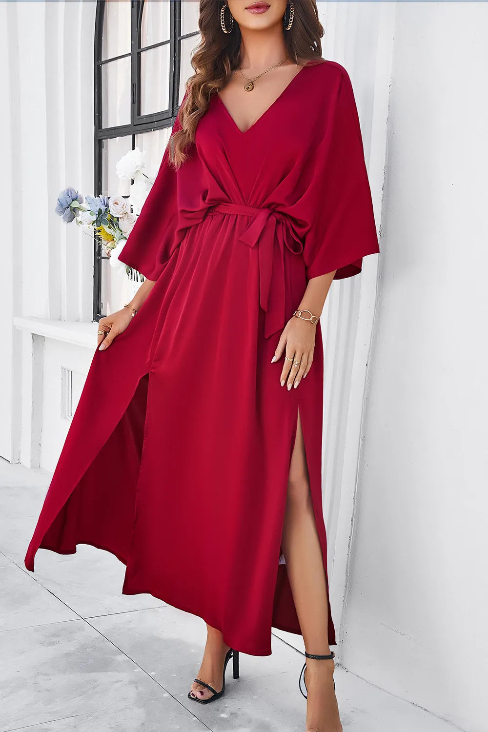 Devine Slit Tied V-Neck Three-Quarter Sleeve Dress - Blushé Belle