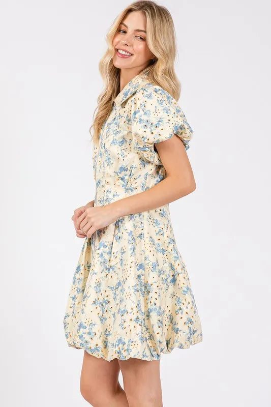 GeeGee Floral Eyelet Zipper Front Puff Sleeve Mini Dress - Blushé Belle