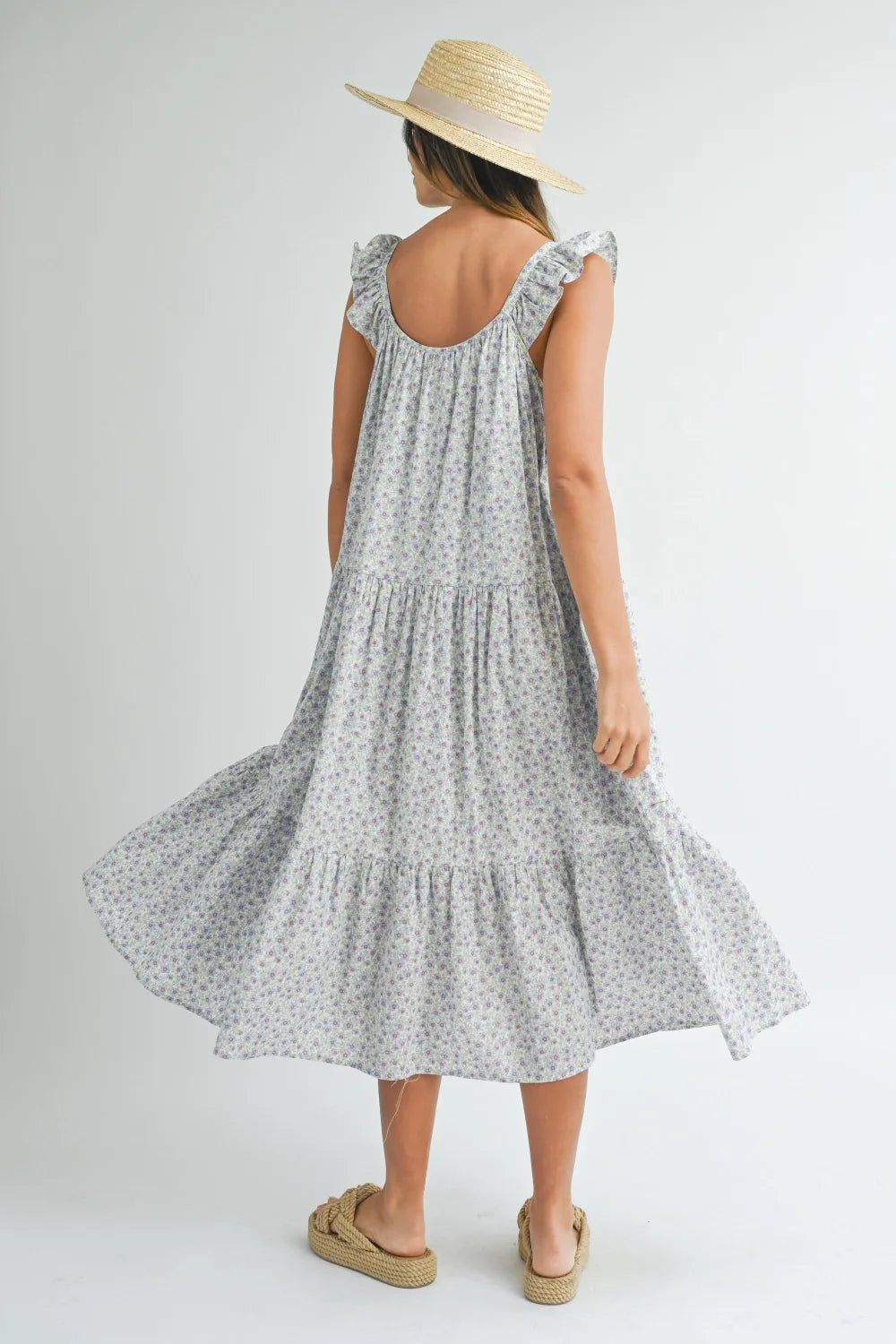 MABLE Floral Ruffle Shoulder Tiered Midi Dress - Blushé Belle