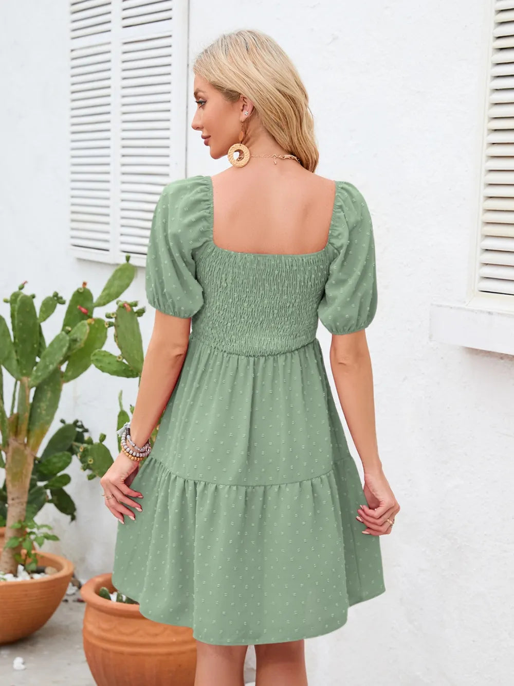 Swiss Dot Smocked Square Neck Dress - Blushé Belle