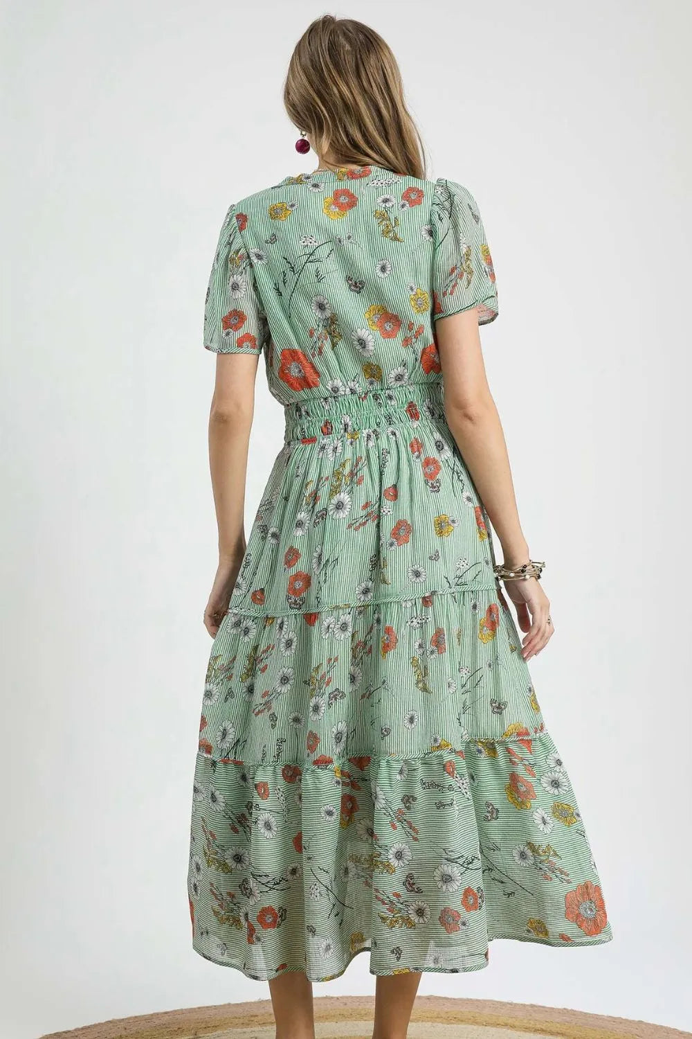 Umgee Smocked Waist Floral Short Sleeve Midi Dress - Blushé Belle