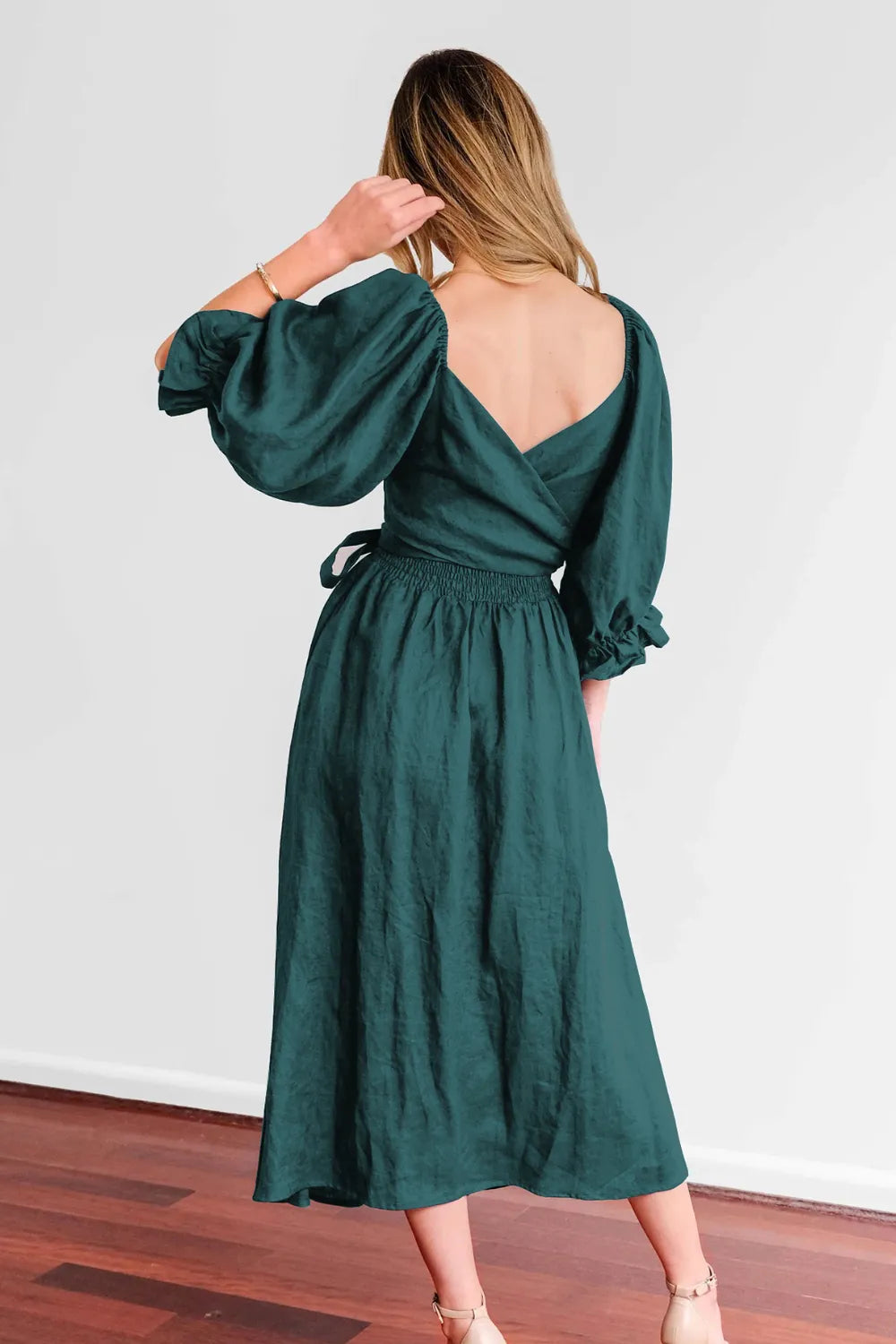 Smocked Tied Flounce Sleeve Midi Dress - Blushé Belle