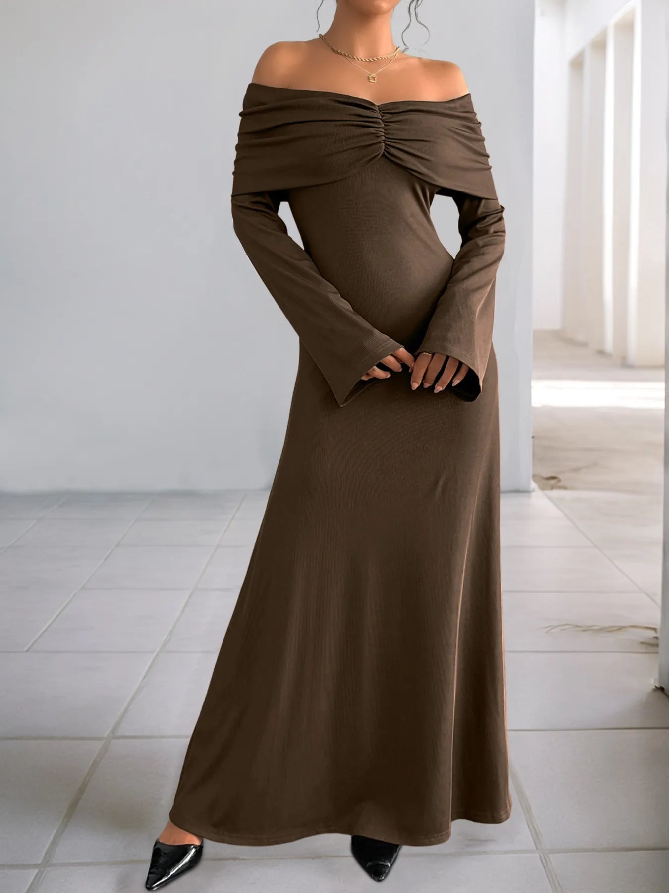 Off-Shoulder Long Sleeve Bodycon Maxi Dress - Blushé Belle
