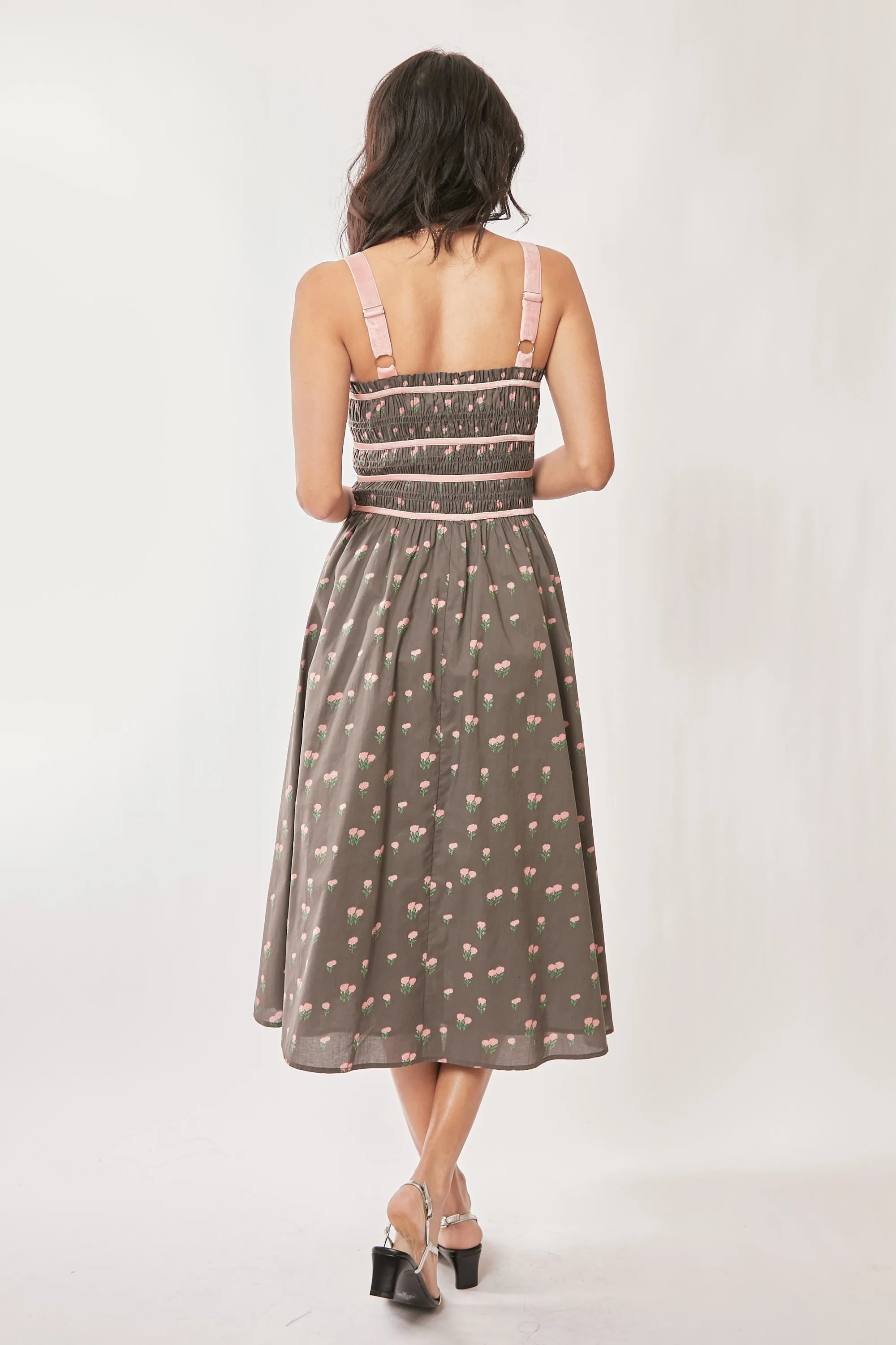 Davi & Dani Contrast Velvet Tape Smocking Bodice Midi Dress - Blushé Belle