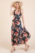 Lime 'N' Chili Floral Print Sleeveless Tie Waist Maxi Dress - Blushé Belle
