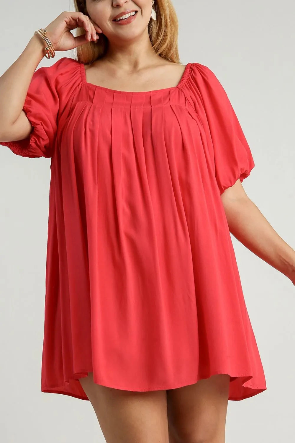 Umgee Full Size Squared Neck Puff Sleeve Mini Dress Plus Size - Blushé Belle