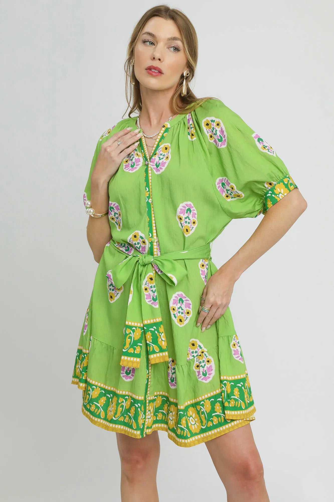 Umgee Floral Print Tie Waist Short Sleeve Dress - Blushé Belle