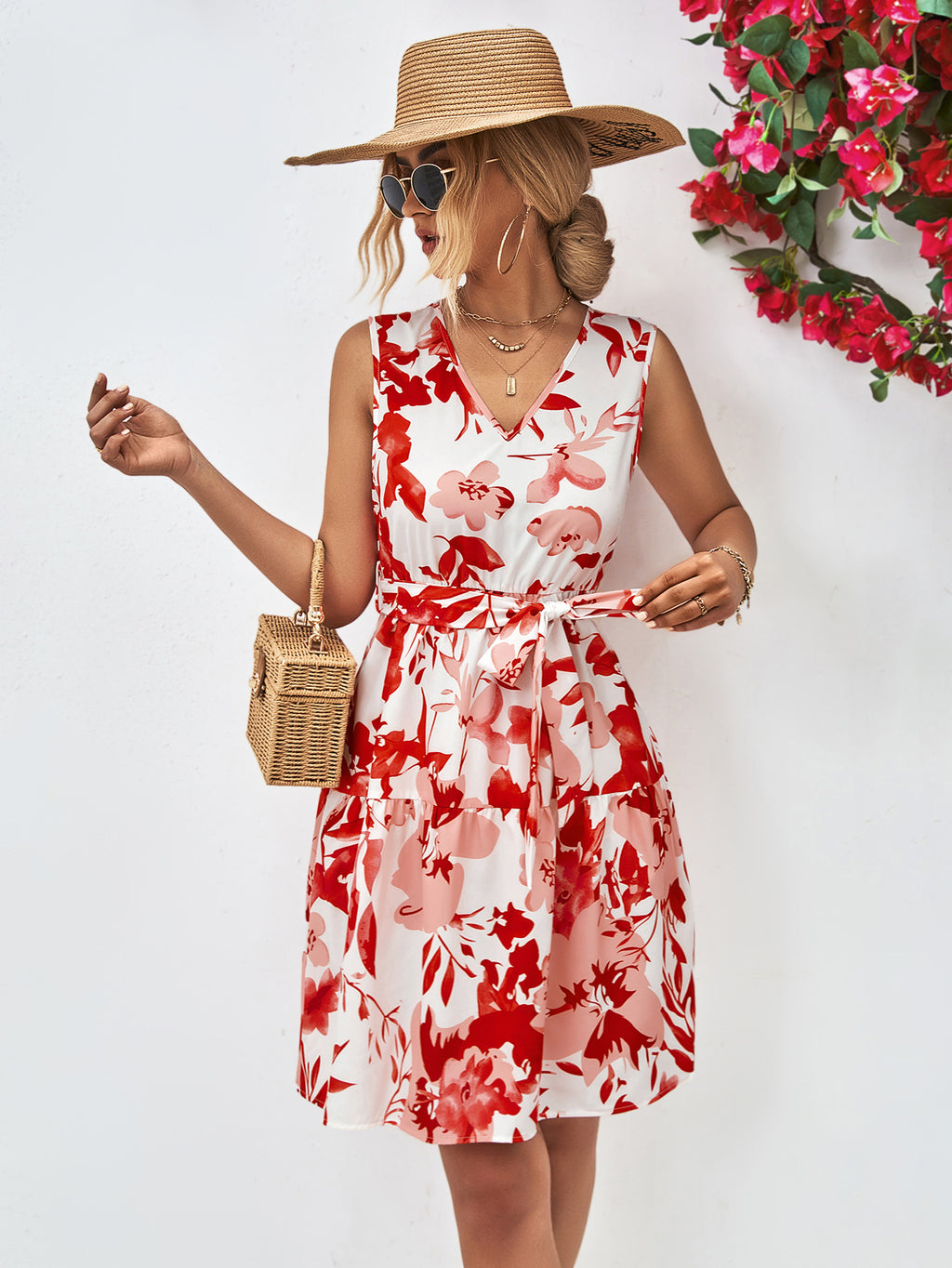 Floral V-Neck Tie Waist Sleeveless Dress - Blushé Belle