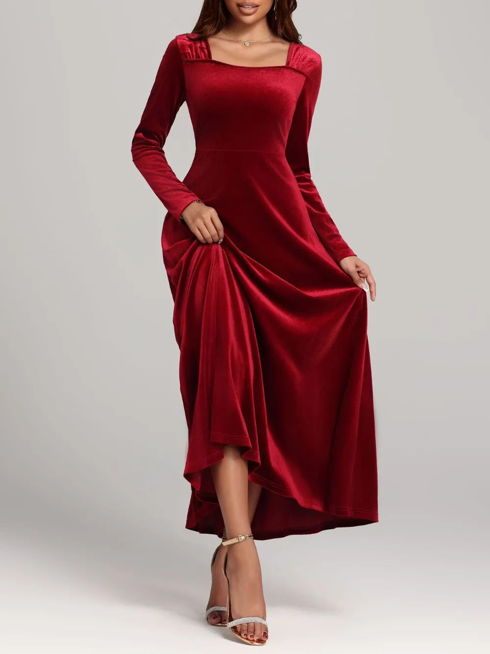 Square Neck Long Sleeve Velvet Dress - Blushé Belle