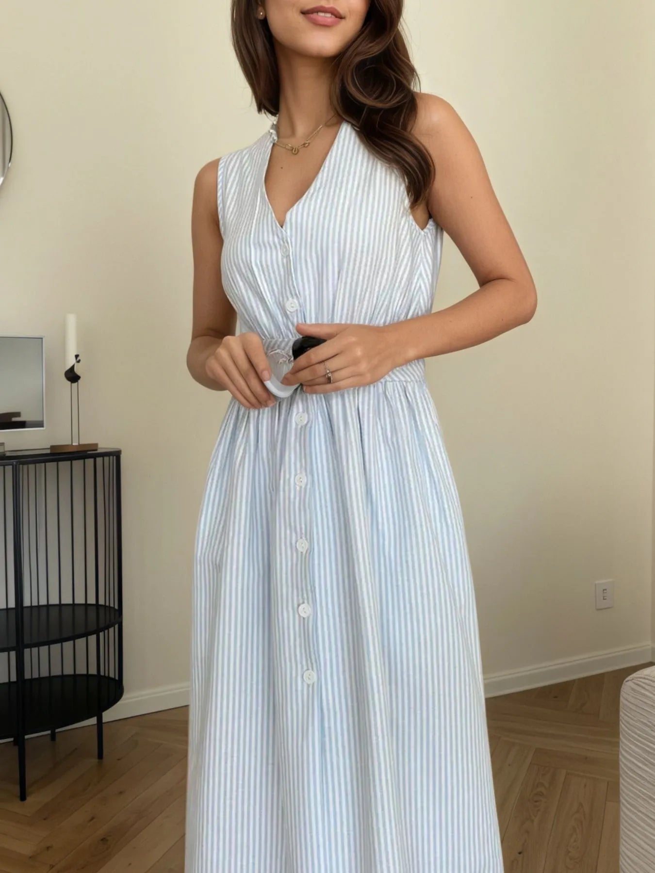 Striped V-Neck Sleeveless Midi Dress - Blushé Belle