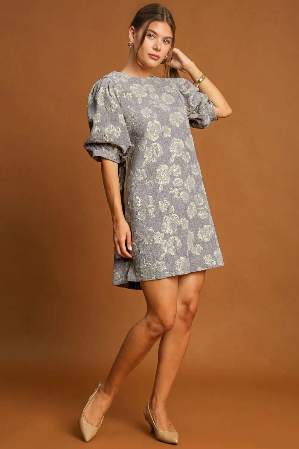 Umgee Floral Jacquard Puff Sleeve Mini Dress - Blushé Belle