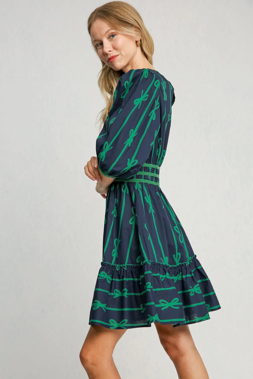 Umgee Ribbon Print Frill Contrast Velvet Trim Half Sleeve Dress - Blushé Belle