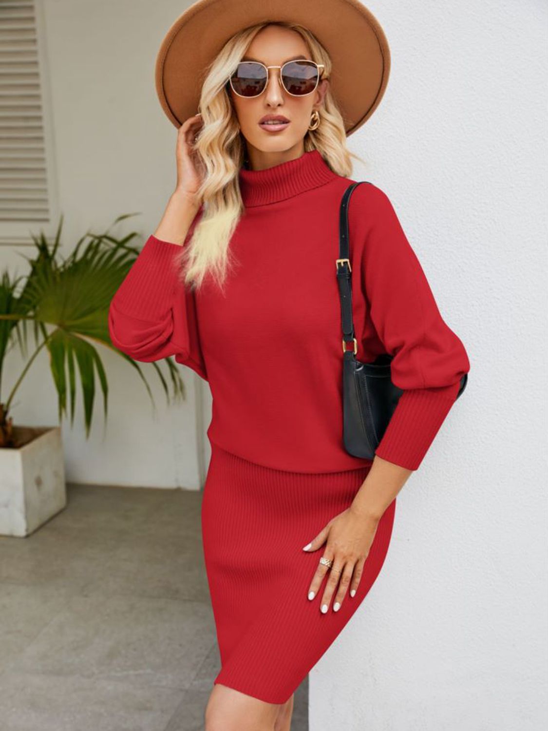 Turtle Neck Long Sleeve Ribbed Sweater Dress - Blushé Belle
