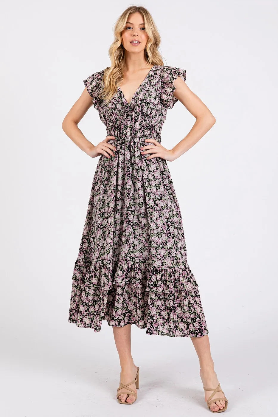 Mittoshop Flower Print Ruffle Cap Sleeve V-neck Midi Dress - Blushé Belle