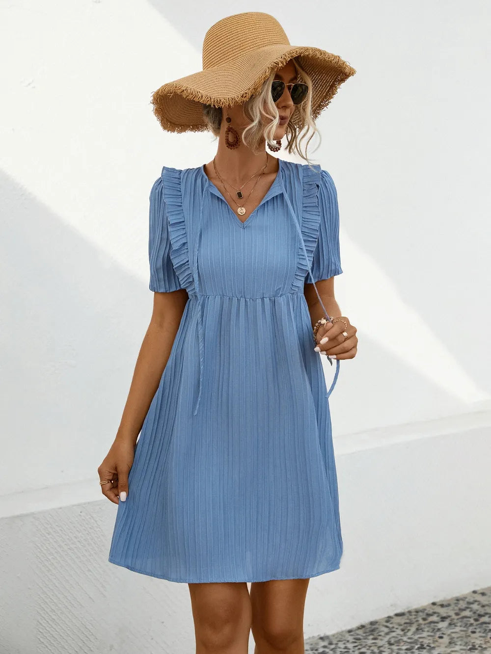 Tie Neck Short Sleeve Mini Dress - Blushé Belle
