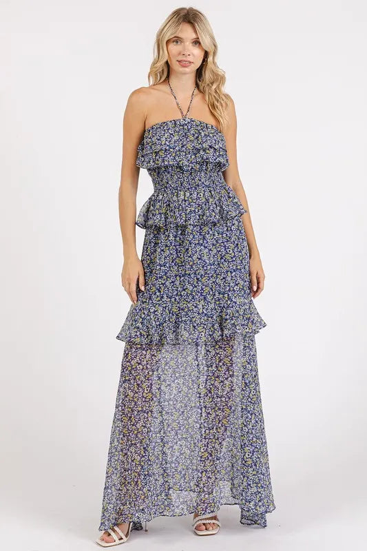 Mittoshop Ruffled Smocked Floral Halter Neck Maxi Dress - Blushé Belle