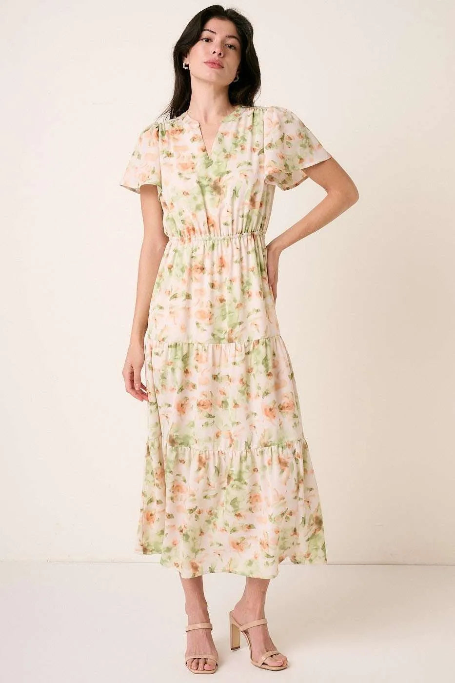 Mittoshop Flower Print Flutter Sleeve V Slit Maxi Dress - Blushé Belle