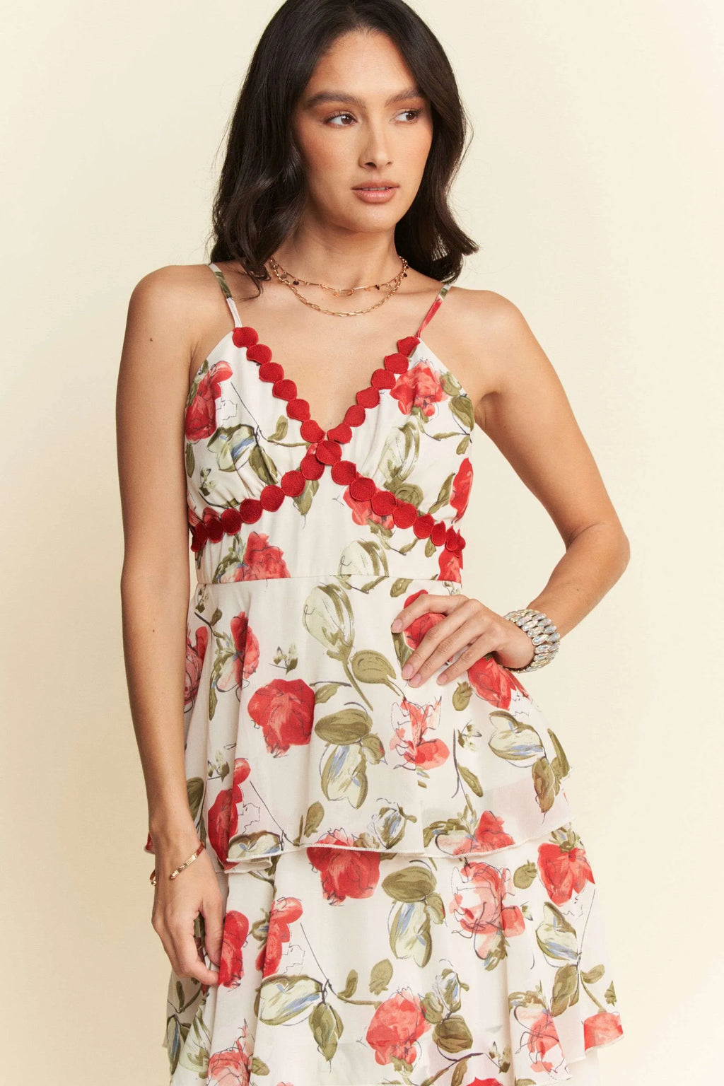 Davi & Dani Contrast Ring Lace Layered Ruffle Maxi Cami Dress - Blushé Belle