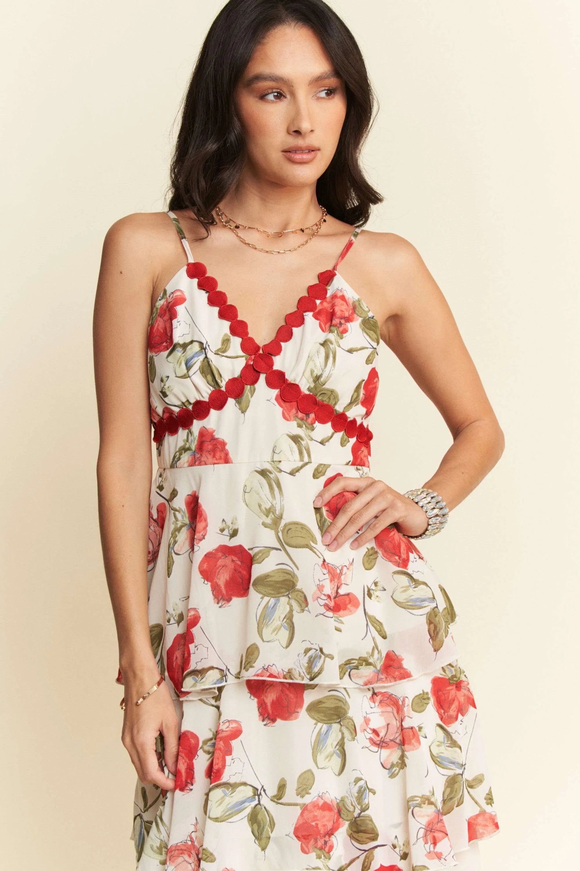 Davi & Dani Contrast Ring Lace Layered Ruffle Maxi Cami Dress - Blushé Belle