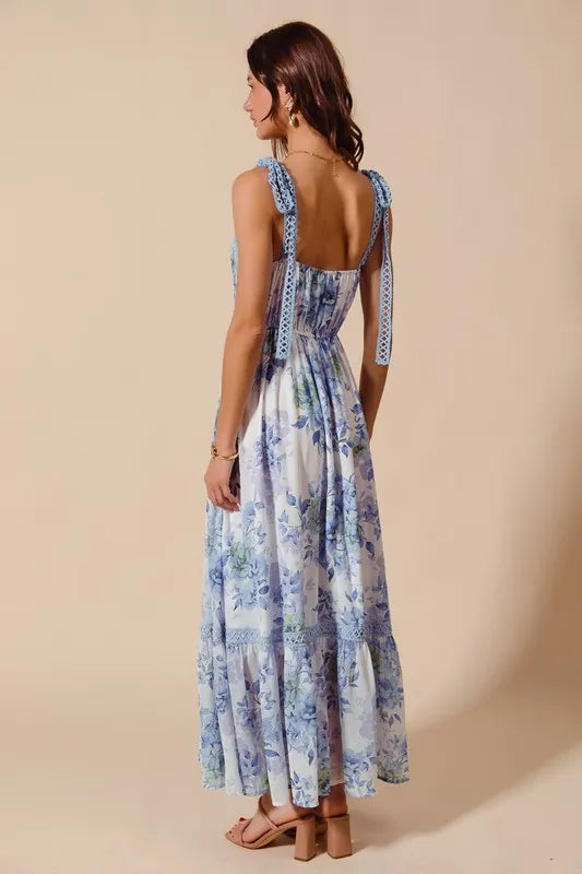 SO ME Floral Print Flowy Maxi Dress with Lace Ribbon Tie - Blushé Belle