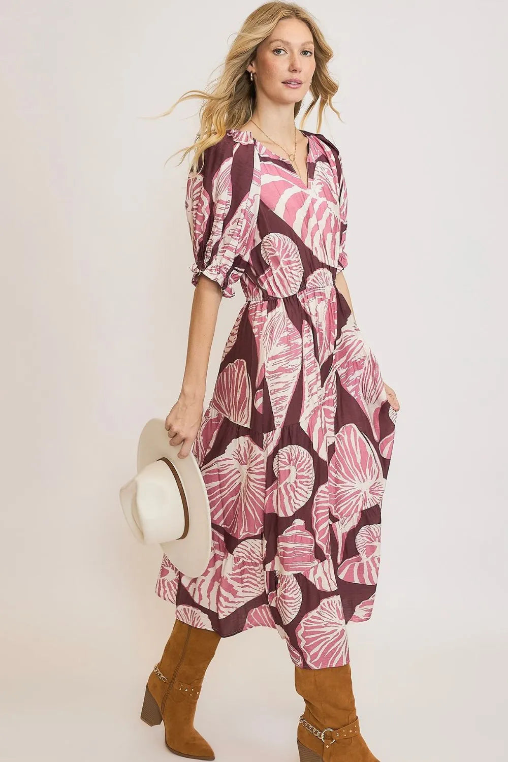 Umgee Full Size Printed Notched Puff Sleeve Midi Dress Plus Size - Blushé Belle