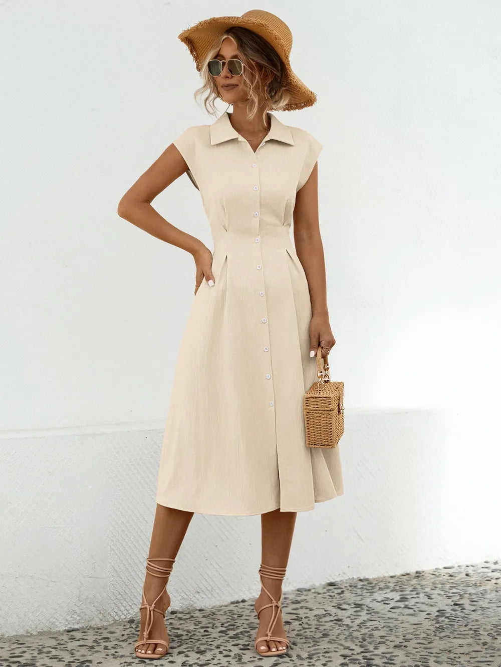 Button Up Cap Sleeve Midi Dress - Blushé Belle
