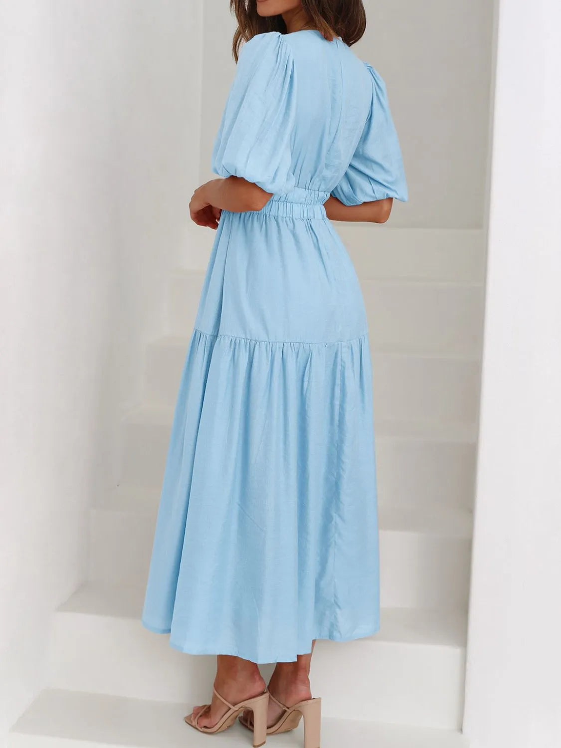 V-Neck Puff Sleeve Midi Dress - Blushé Belle