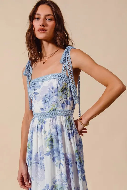 SO ME Floral Print Flowy Maxi Dress with Lace Ribbon Tie - Blushé Belle
