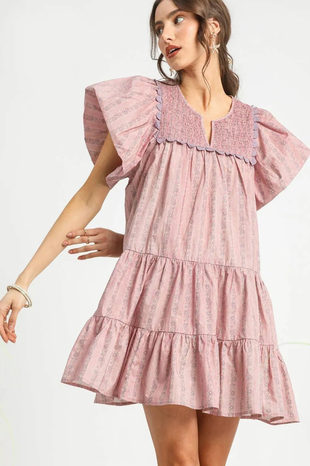 Umgee Floral Ruffled Cap Sleeve Tiered Mini Dress - Blushé Belle