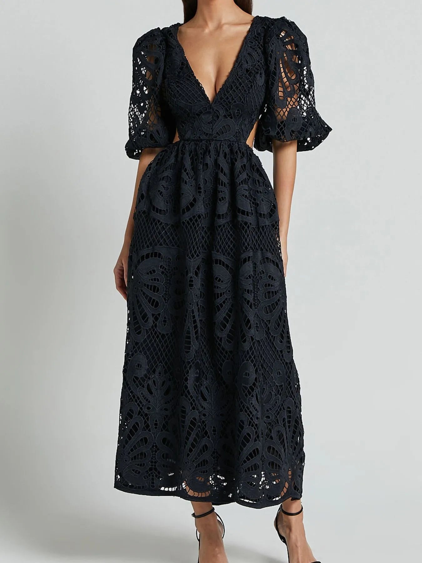 Cutout Back Lace Crochet V-Neck Dress - Blushé Belle
