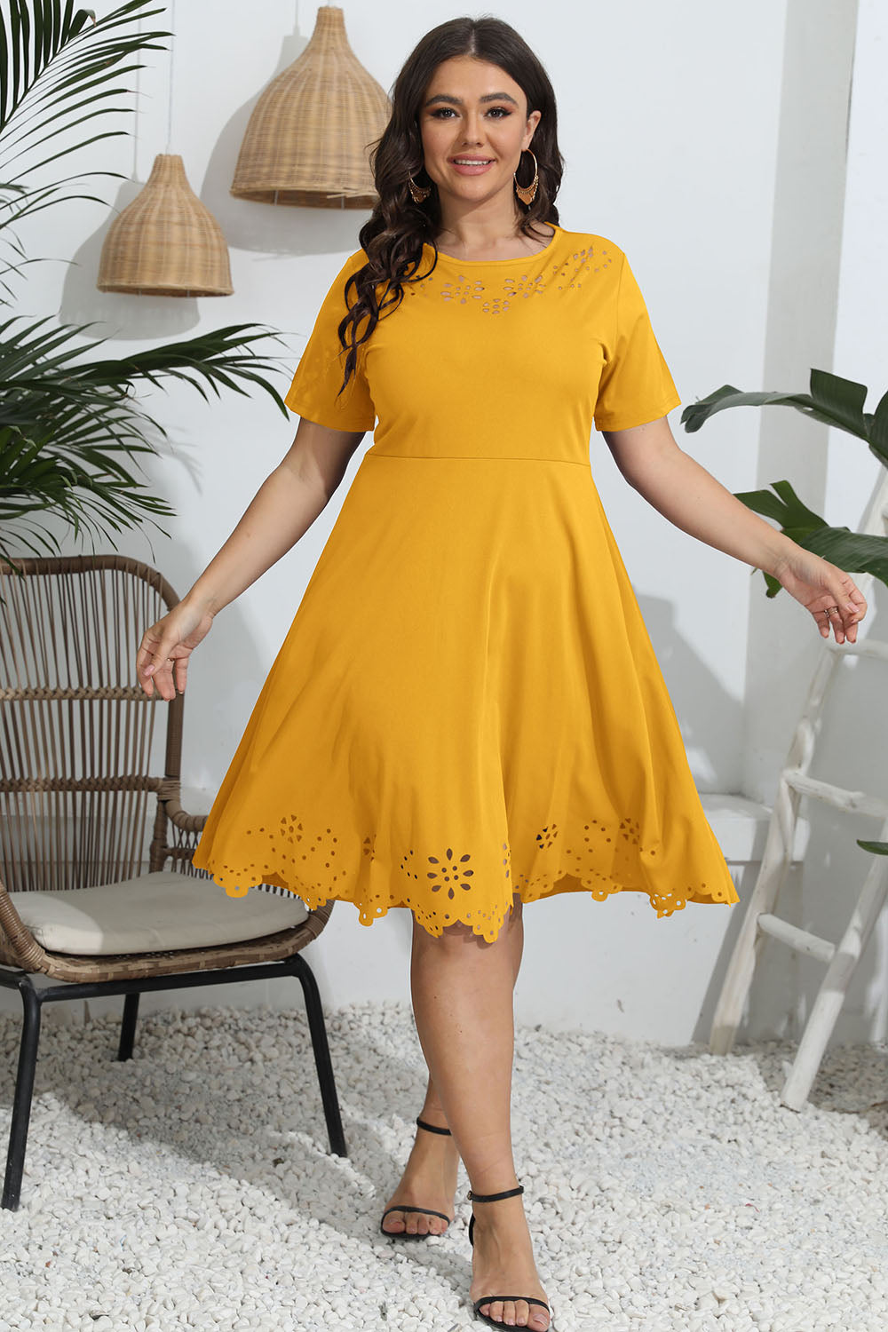 Plus Size Round Neck Openwork Dress - Blushé Belle