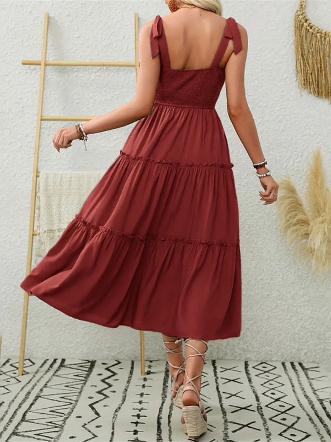 Smocked Tiered Midi Dress with Tie Straps - Blushé Belle
