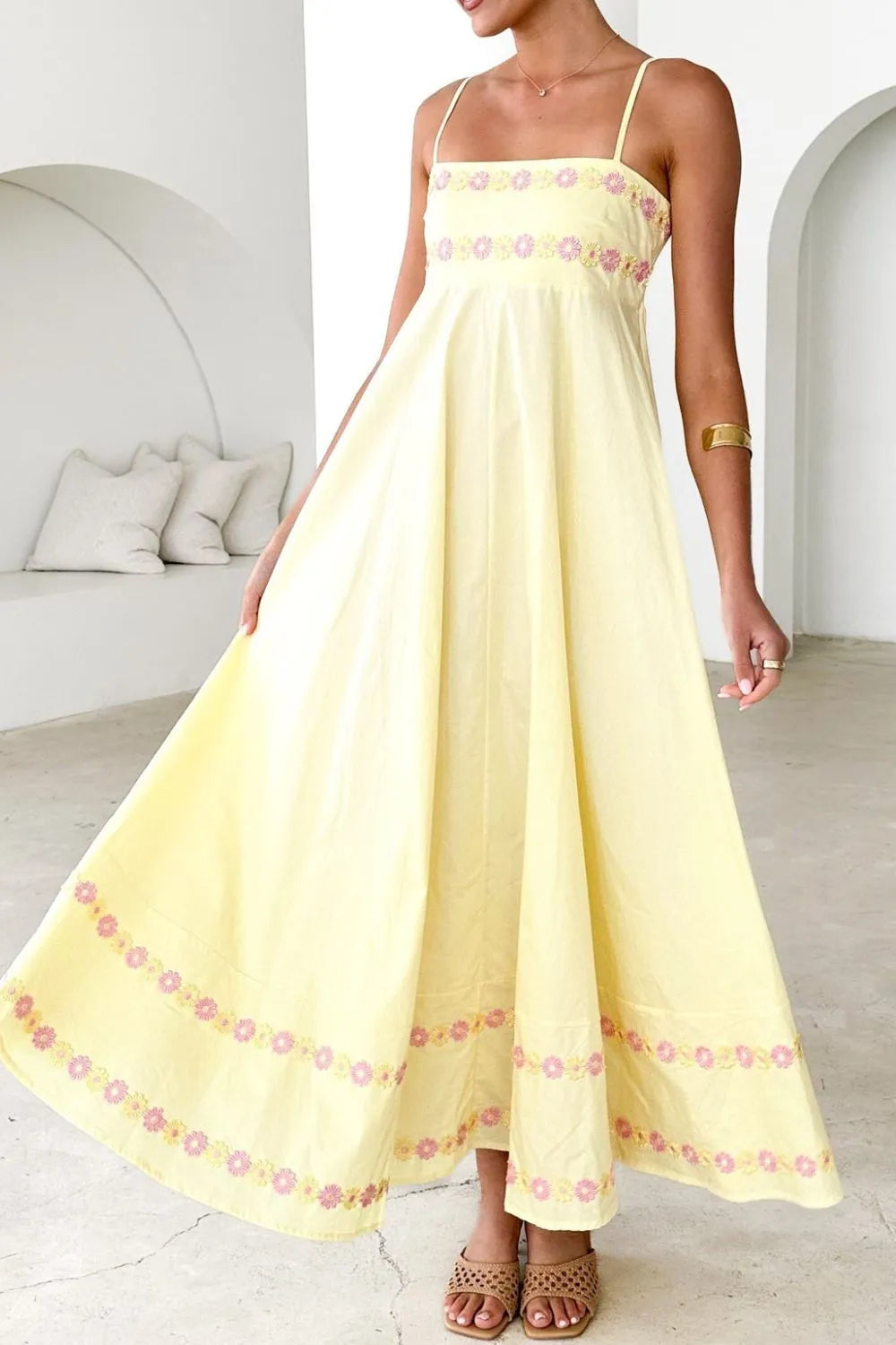 Floral Embroidered Spaghetti Strap Maxi Dress - Blushé Belle