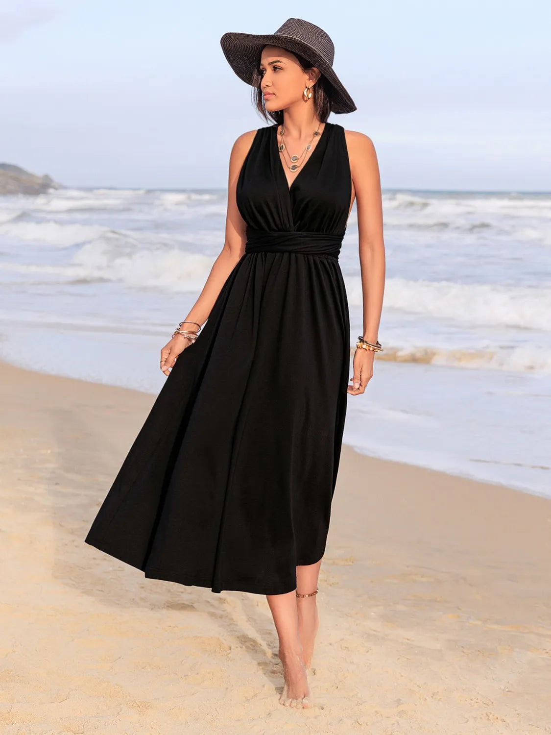 Surplice Sleeveless Ruched Midi Dress - Blushé Belle