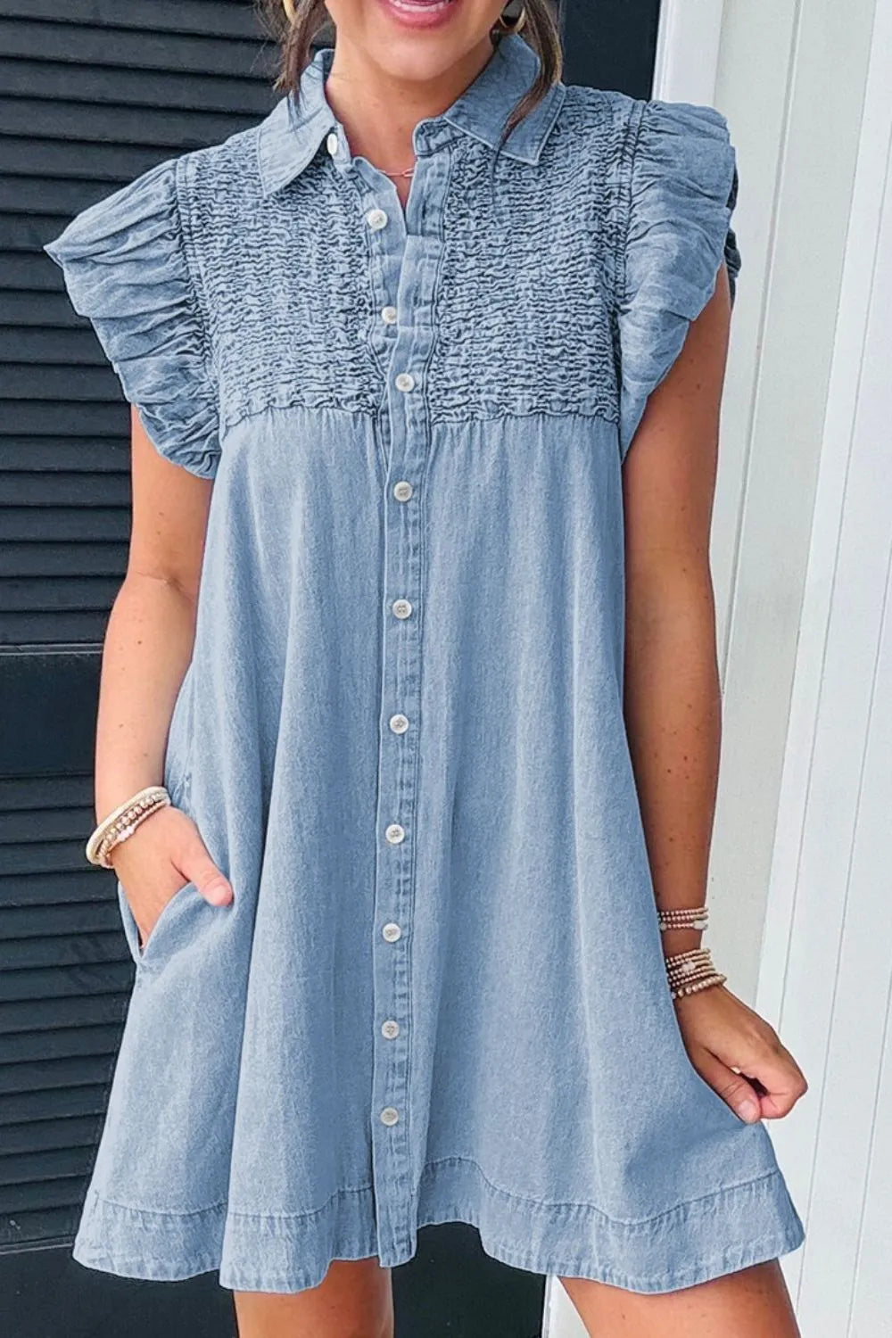 Smocked Collared Neck Cap Sleeve Denim Dress - Blushé Belle