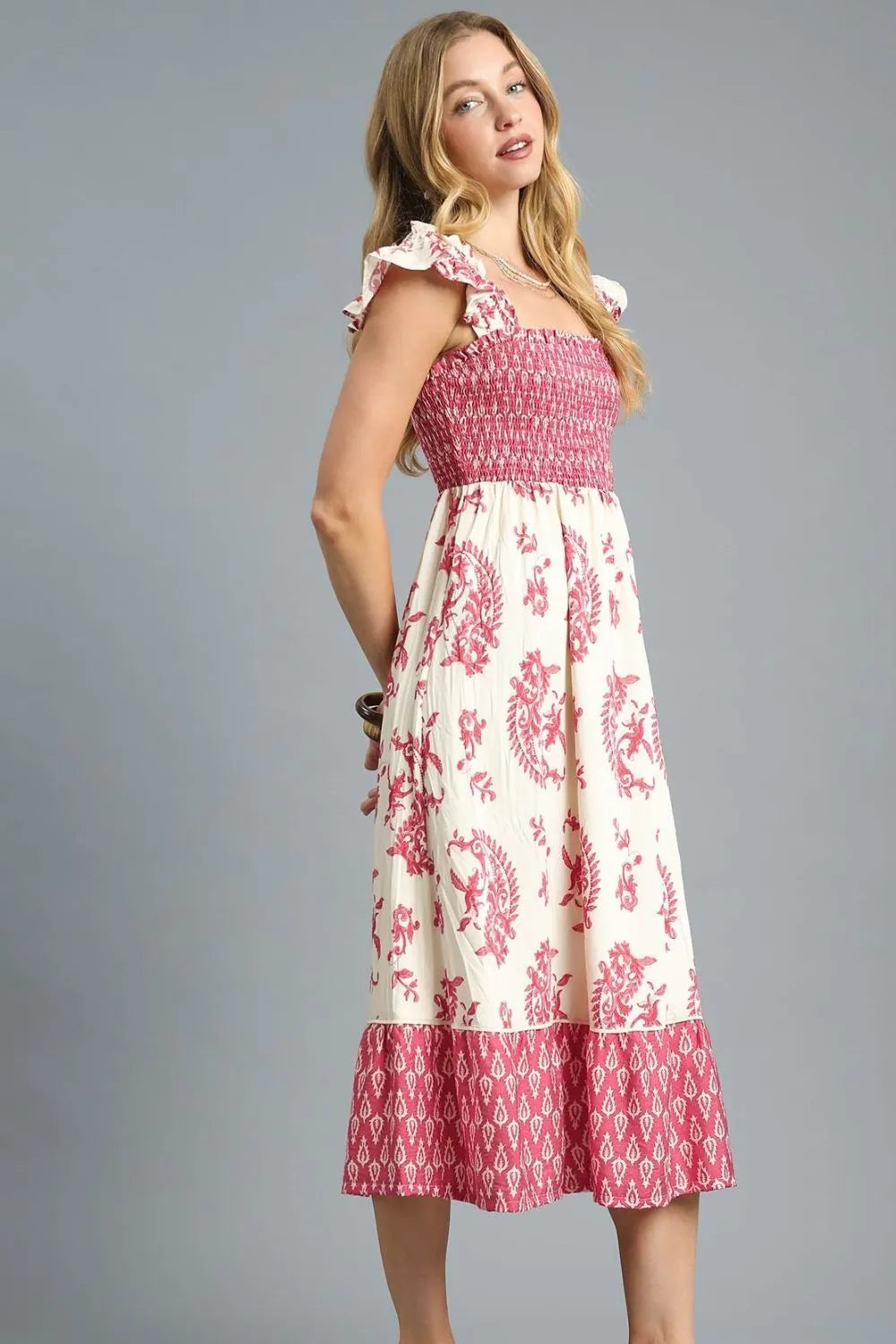 Umgee Printed Smocked Midi Dress with Ruffle Details - Blushé Belle